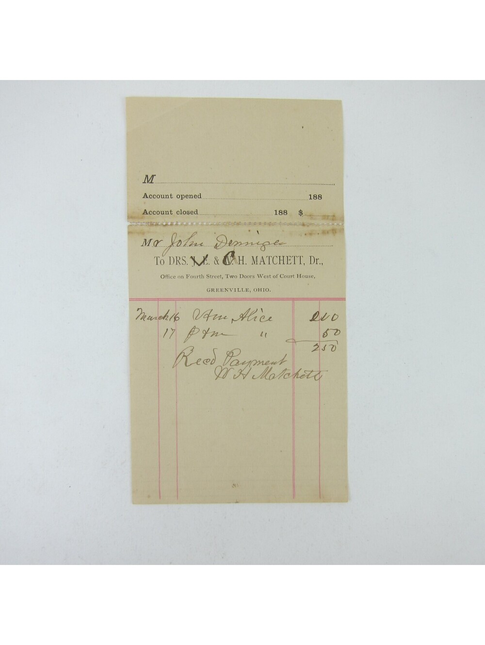 Payment Receipt Dr. W.H. Matchett Greenville Ohio John Dininger Antique 1880s